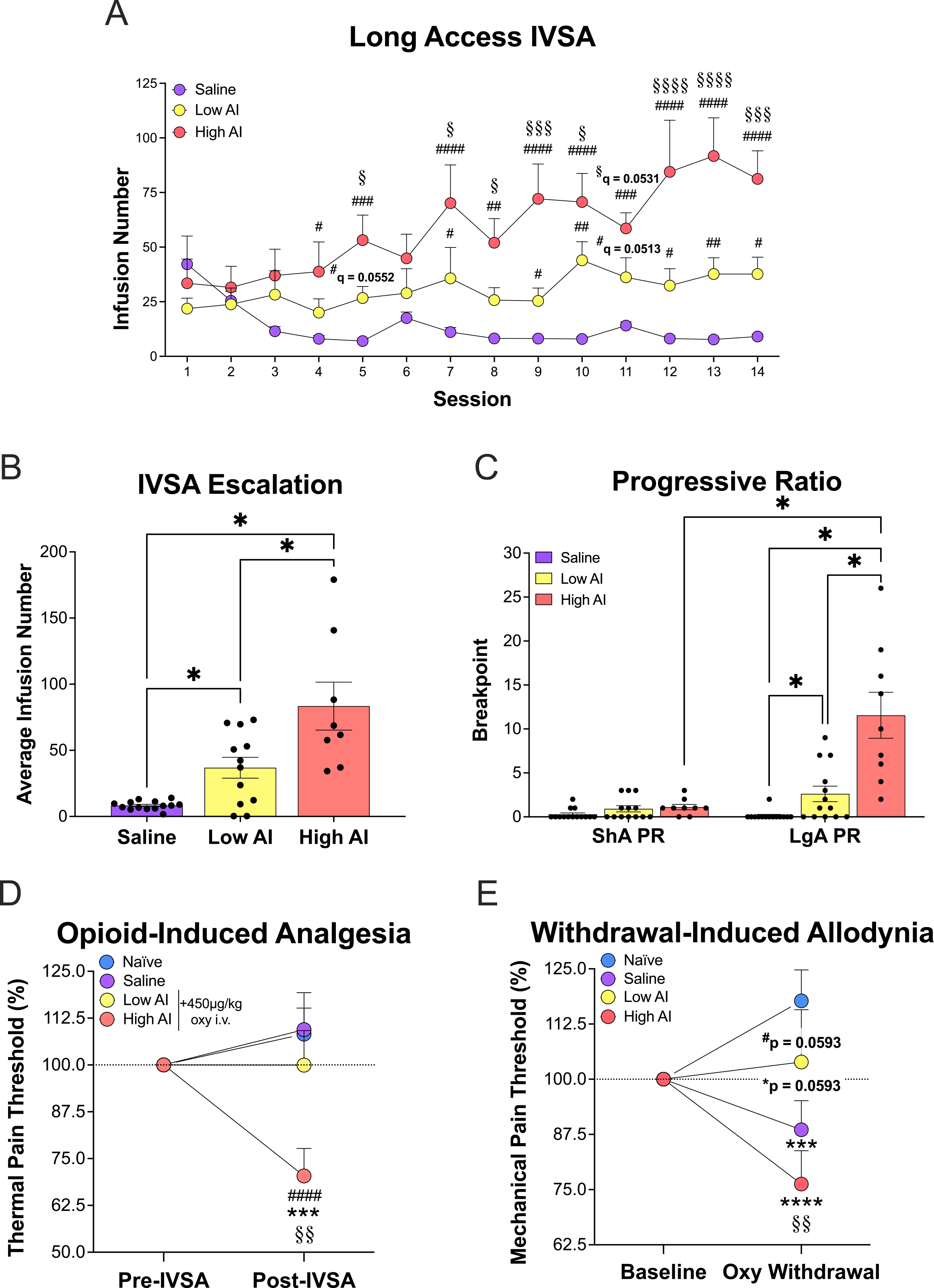 Long-access intake, escalation, progressive ratio breakpoints, analgesic tolerance, and acute withdrawal allodynia, split by Low and High Addiction Index.